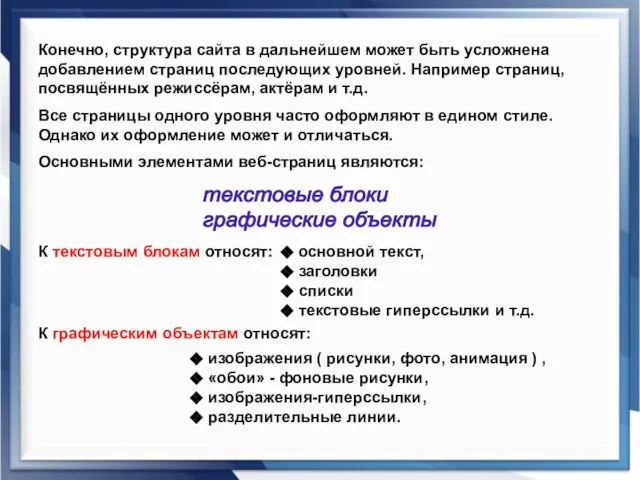 Конечно, структура сайта в дальнейшем может быть усложнена добавлением страниц последующих уровней.