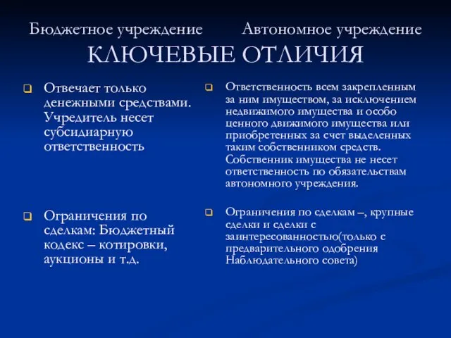 Бюджетное учреждение Автономное учреждение КЛЮЧЕВЫЕ ОТЛИЧИЯ Отвечает только денежными средствами. Учредитель несет