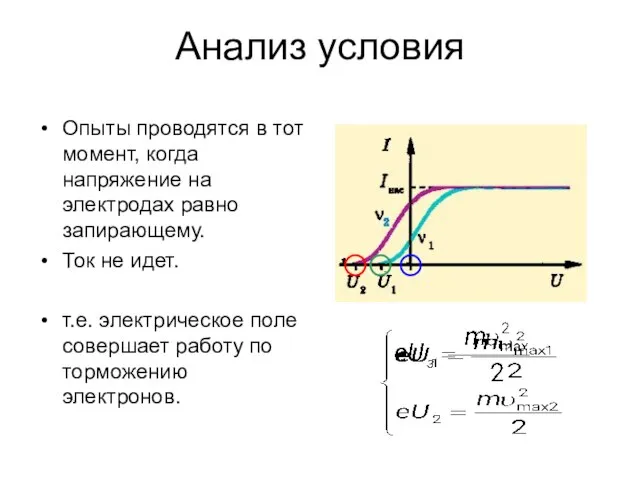 Анализ условия Опыты проводятся в тот момент, когда напряжение на электродах равно