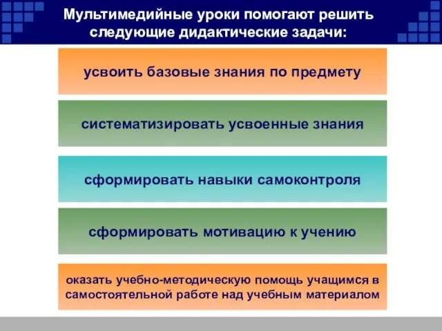 Мультимедийные уроки помогают решить следующие дидактические задачи: усвоить базовые знания по предмету