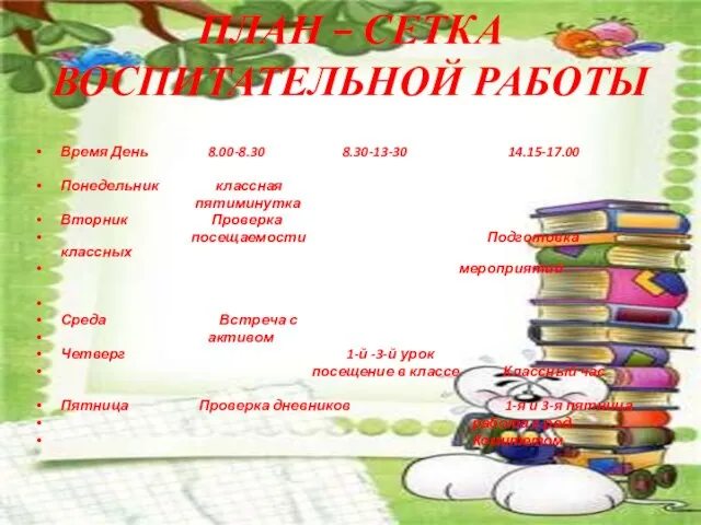 Время День 8.00-8.30 8.30-13-30 14.15-17.00 Понедельник классная пятиминутка Вторник Проверка посещаемости Подготовка