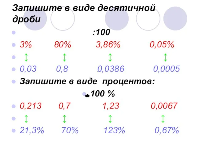 Запишите в виде десятичной дроби :100 3% 80% 3,86% 0,05% ↕ ↕