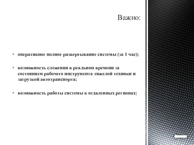 Важно: оперативное полное развертывание системы (за 1 час); возможность слежения в реальном