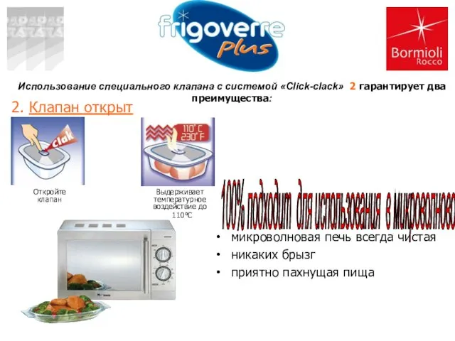 2. Клапан открыт микроволновая печь всегда чистая никаких брызг приятно пахнущая пища