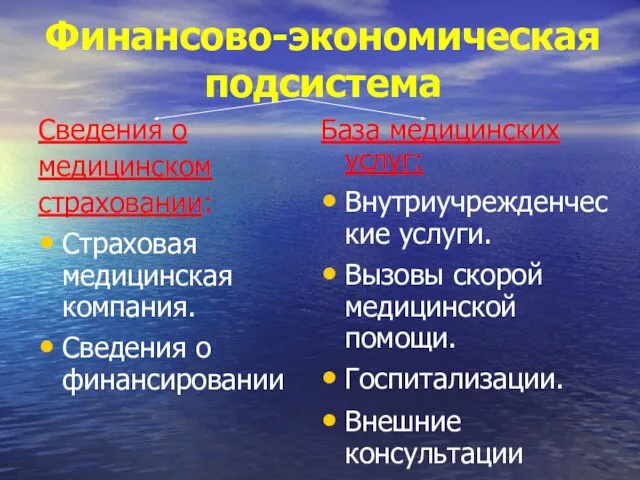 Финансово-экономическая подсистема Сведения о медицинском страховании: Страховая медицинская компания. Сведения о финансировании