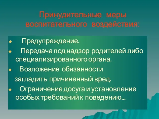 Принудительные меры воспитательного воздействия: Предупреждение. Передача под надзор родителей либо специализированного органа.