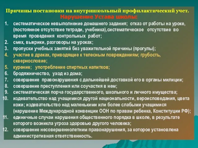 Причины постановки на внутришкольный профилактический учет. Нарушение Устава школы: систематическое невыполнение домашнего