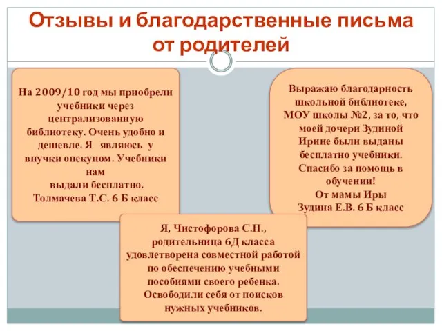 Отзывы и благодарственные письма от родителей На 2009/10 год мы приобрели учебники