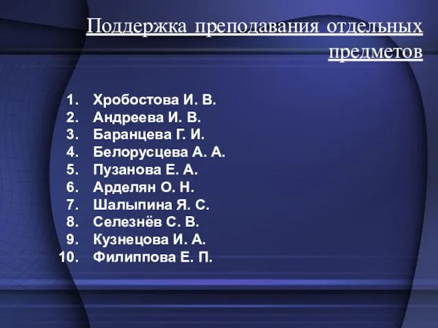 Поддержка преподавания отдельных предметов Хробостова И. В. Андреева И. В. Баранцева Г.