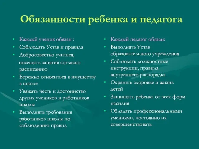 Обязанности ребенка и педагога Каждый ученик обязан : Соблюдать Устав и правила