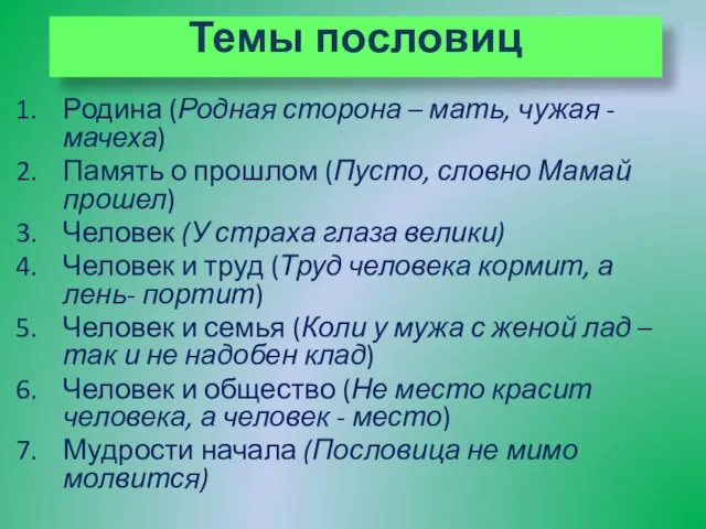 Темы пословиц Родина (Родная сторона – мать, чужая - мачеха) Память о