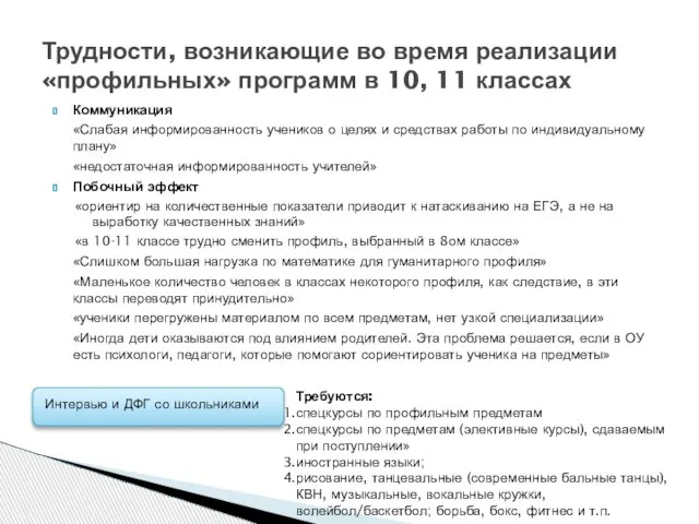 Коммуникация «Слабая информированность учеников о целях и средствах работы по индивидуальному плану»