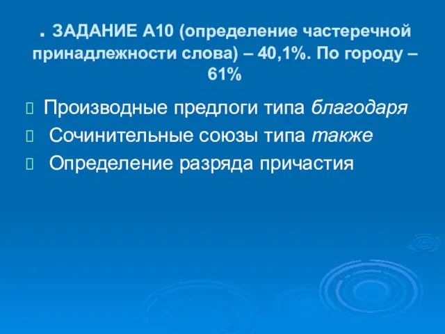 . ЗАДАНИЕ А10 (определение частеречной принадлежности слова) – 40,1%. По городу –