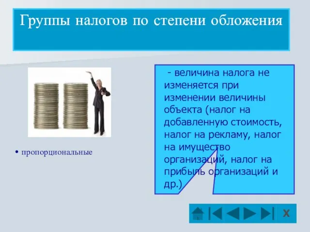 пропорциональные Группы налогов по степени обложения - величина налога не изменяется при