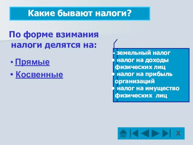 Какие бывают налоги? По форме взимания налоги делятся на: Прямые Косвенные земельный