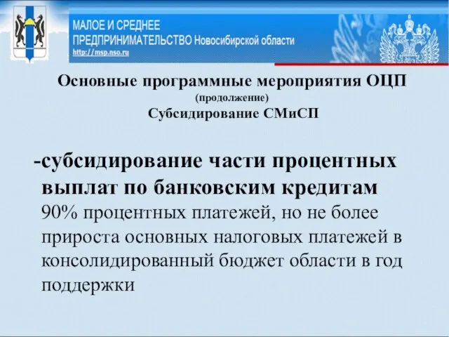 Основные программные мероприятия ОЦП (продолжение) Субсидирование СМиСП cубсидирование части процентных выплат по