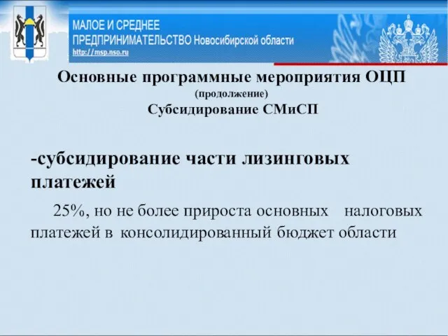 Основные программные мероприятия ОЦП (продолжение) Субсидирование СМиСП -cубсидирование части лизинговых платежей 25%,