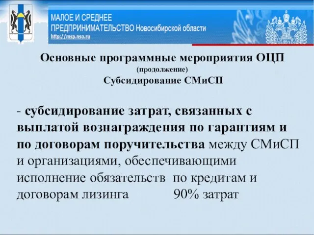 Основные программные мероприятия ОЦП (продолжение) Субсидирование СМиСП - субсидирование затрат, связанных с