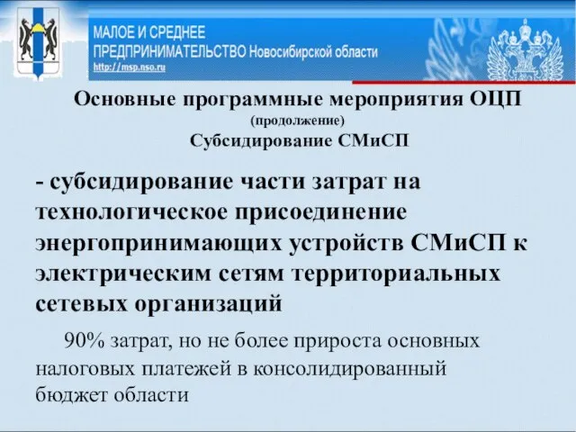 Основные программные мероприятия ОЦП (продолжение) Субсидирование СМиСП - субсидирование части затрат на