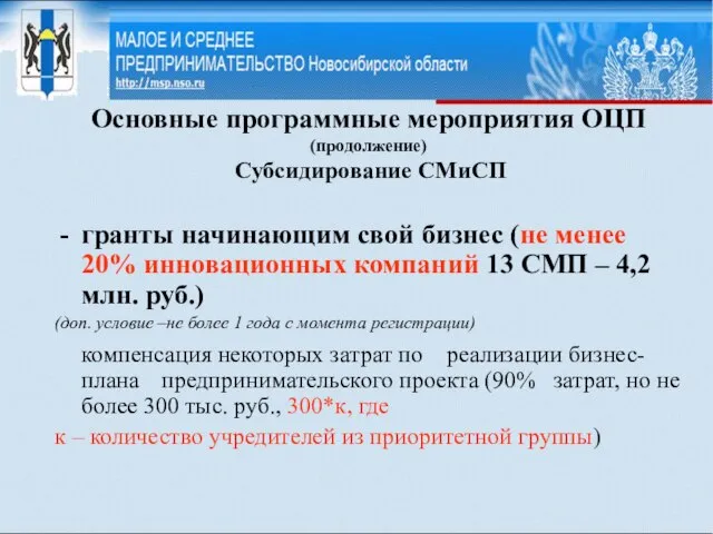 Основные программные мероприятия ОЦП (продолжение) Субсидирование СМиСП гранты начинающим свой бизнес (не