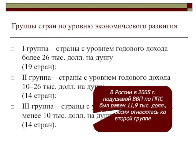 Группы стран по уровню экономического развития I группа – страны с уровнем