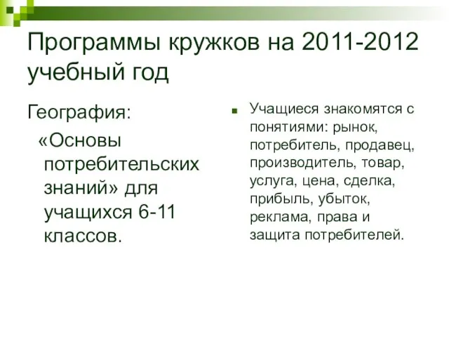 Программы кружков на 2011-2012 учебный год География: «Основы потребительских знаний» для учащихся