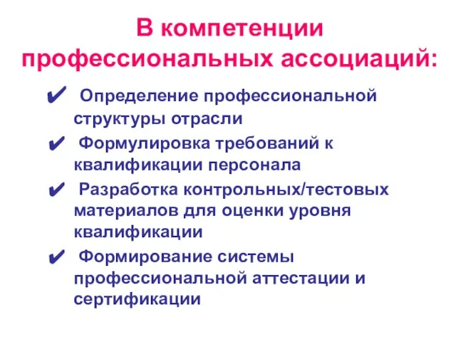 В компетенции профессиональных ассоциаций: Определение профессиональной структуры отрасли Формулировка требований к квалификации