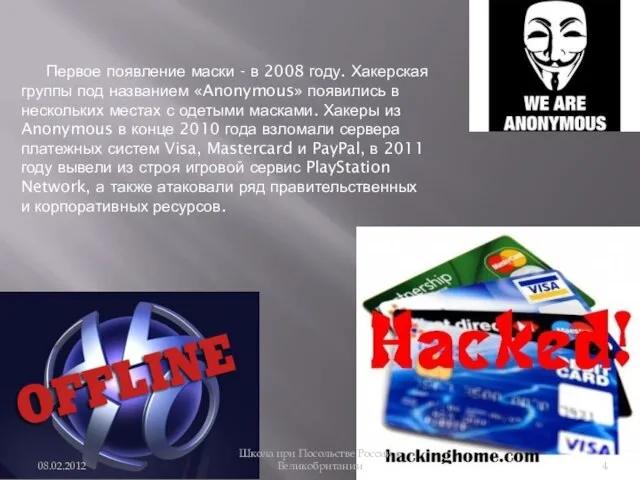 Первое появление маски - в 2008 году. Хакерская группы под названием «Anonymous»