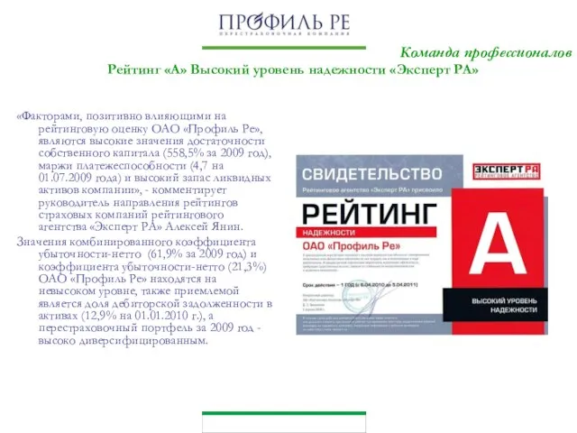 Команда профессионалов «Факторами, позитивно влияющими на рейтинговую оценку ОАО «Профиль Ре», являются