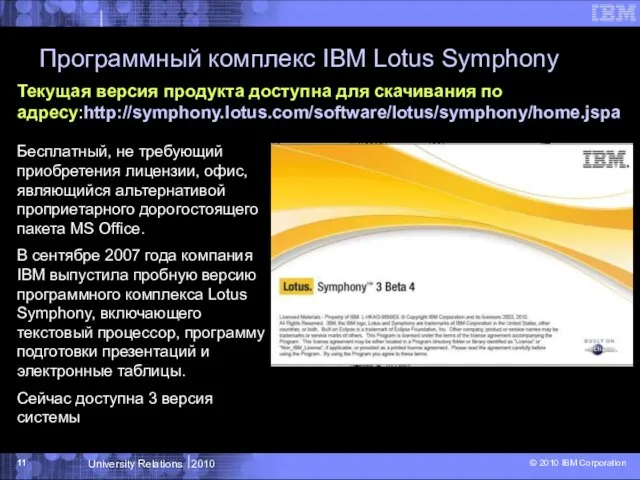 Программный комплекс IBM Lotus Symphony Текущая версия продукта доступна для скачивания по