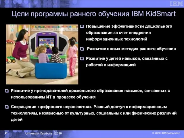 Цели программы раннего обучения IBM KidSmart Повышение эффективности дошкольного образования за счет