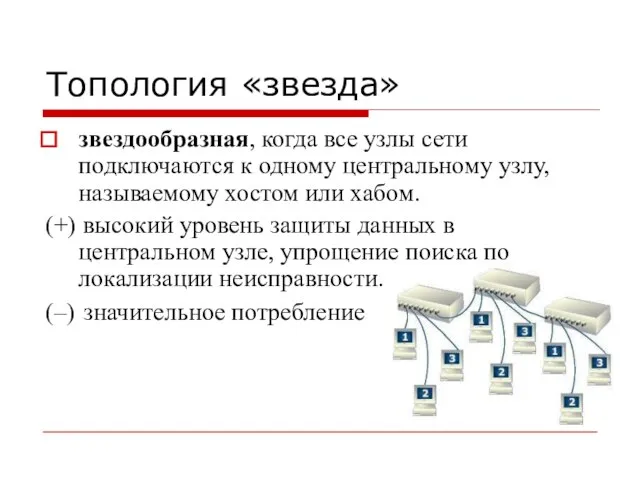 Топология «звезда» звездообразная, когда все узлы сети подключаются к одному центральному узлу,