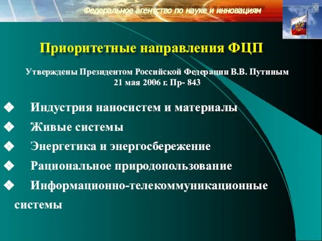 Федеральное агентство по науке и инновациям Приоритетные направления ФЦП Индустрия наносистем и