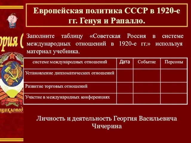 Заполните таблицу «Советская Россия в системе международных отношений в 1920-е гг.» используя