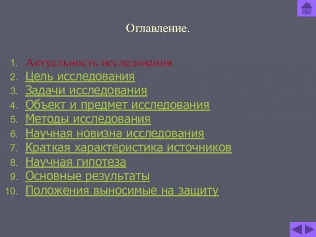 Оглавление. Актуальность исследования Цель исследования Задачи исследования Объект и предмет исследования Методы