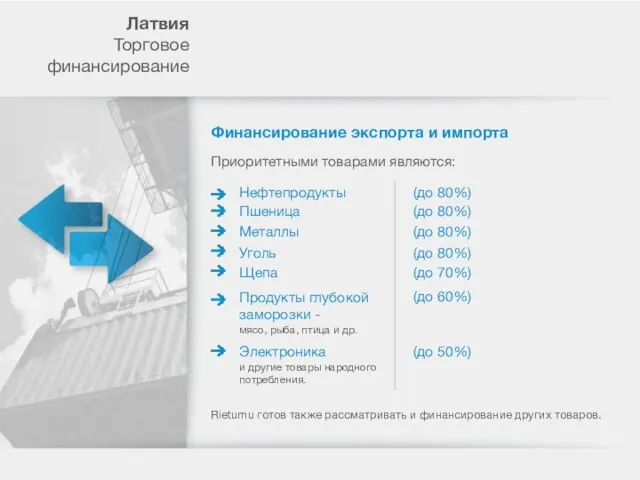 Лaтвия Торговое финансирование Финансирование экспорта и импорта Приоритетными товарами являются: Нефтепродукты Пшеница