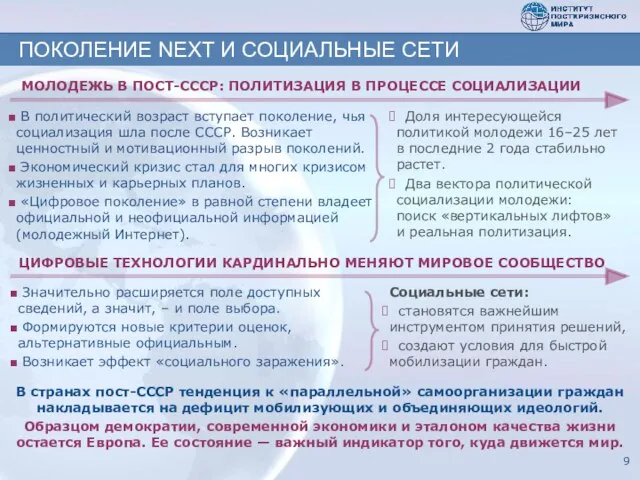 ПОКОЛЕНИЕ NEXT И СОЦИАЛЬНЫЕ СЕТИ В странах пост-СССР тенденция к «параллельной» самоорганизации