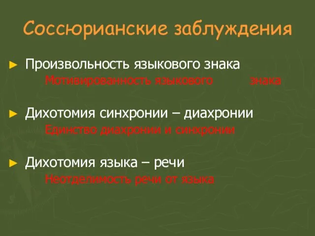 Соссюрианские заблуждения Произвольность языкового знака Мотивированность языкового знака Дихотомия синхронии – диахронии