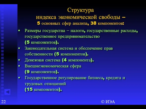 © ИЭА Размеры государства − налоги, государственные расходы, государственное предпринимательство (5 компонентов).