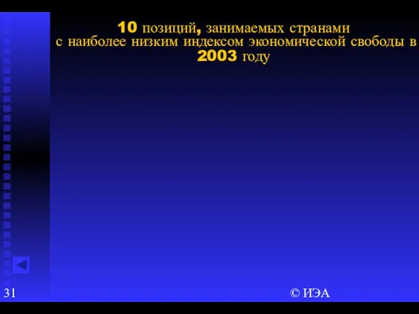 © ИЭА 10 позиций, занимаемых странами с наиболее низким индексом экономической свободы в 2003 году