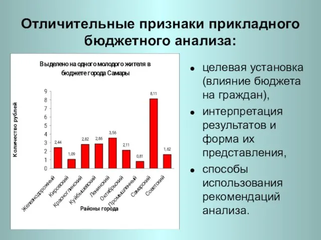 Отличительные признаки прикладного бюджетного анализа: целевая установка (влияние бюджета на граждан), интерпретация