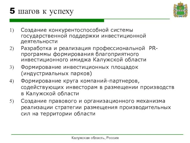 5 шагов к успеху Создание конкурентоспособной системы государственной поддержки инвестиционной деятельности Разработка