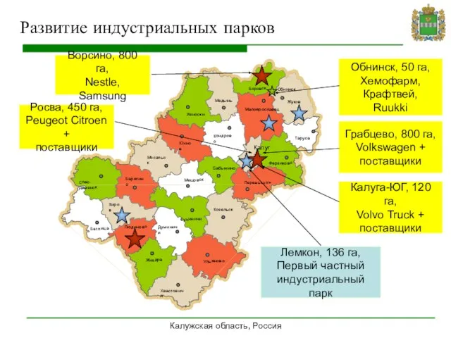 Калужская область, Россия Развитие индустриальных парков . Медынь Малоярославец Кондрово Обнинск Боровск