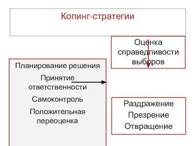 Планирование решения Принятие ответственности Самоконтроль Положительная переоценка Копинг-стратегии Раздражение Презрение Отвращение Оценка справедливости выборов