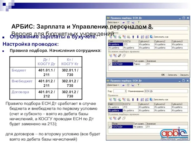 АРБИС: Зарплата и Управление персоналом 8. Версия для бюджетных учреждений Отражение зарплаты