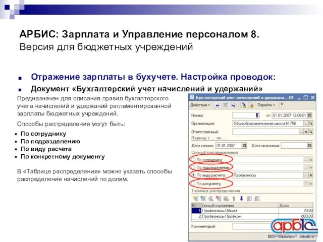 АРБИС: Зарплата и Управление персоналом 8. Версия для бюджетных учреждений Отражение зарплаты