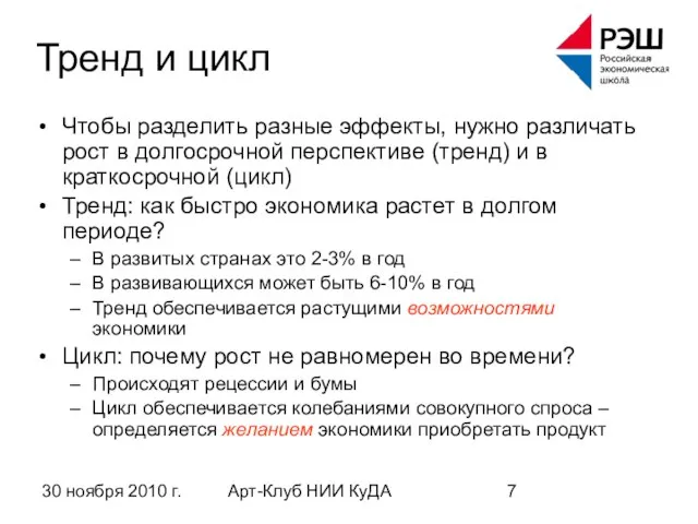 30 ноября 2010 г. Арт-Клуб НИИ КуДА Тренд и цикл Чтобы разделить