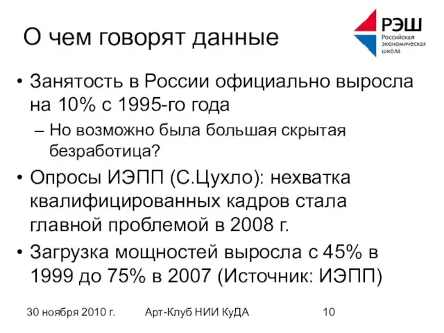 30 ноября 2010 г. Арт-Клуб НИИ КуДА О чем говорят данные Занятость