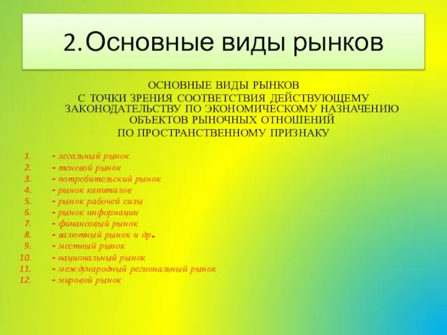 2. Основные виды рынков ОСНОВНЫЕ ВИДЫ РЫНКОВ С ТОЧКИ ЗРЕНИЯ СООТВЕТСТВИЯ ДЕЙСТВУЮЩЕМУ