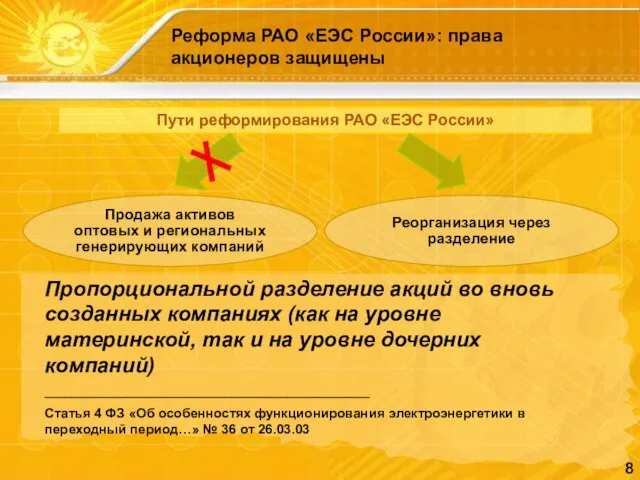 Пути реформирования РАО «ЕЭС России» Реформа РАО «ЕЭС России»: права акционеров защищены